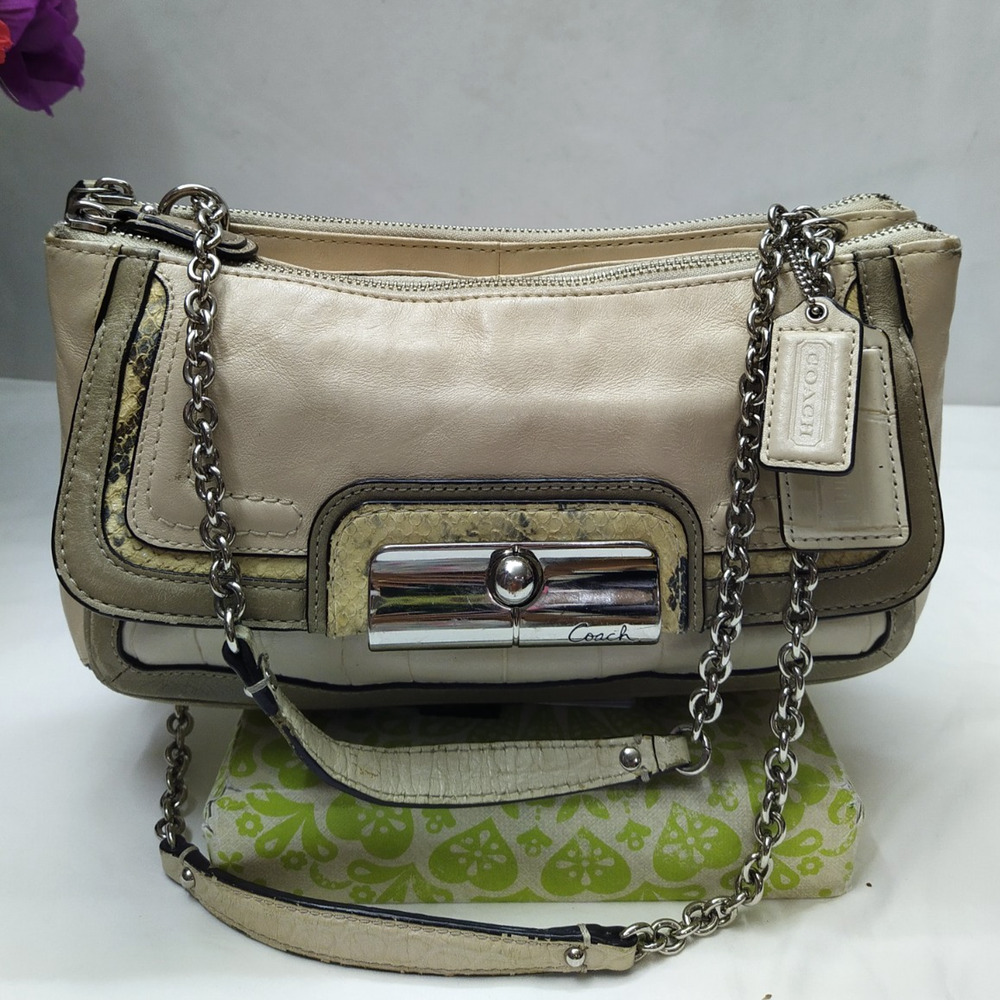 Coach Kristin Beige Leather Chain Strap Zipper Crossbody Shoulder Bag